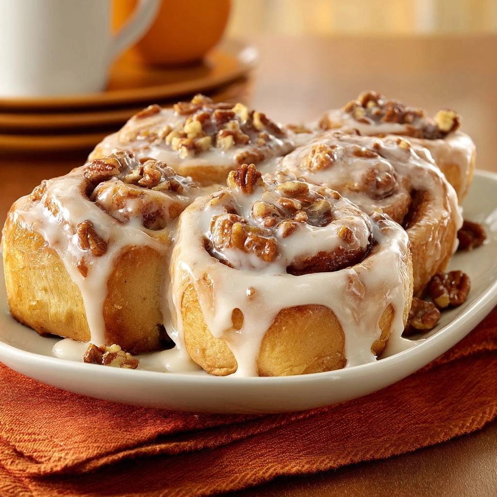 Glazed pecan cinnamon rolls shown in a close-up view, highlighting the dripping white glaze and scattered chopped pecans.