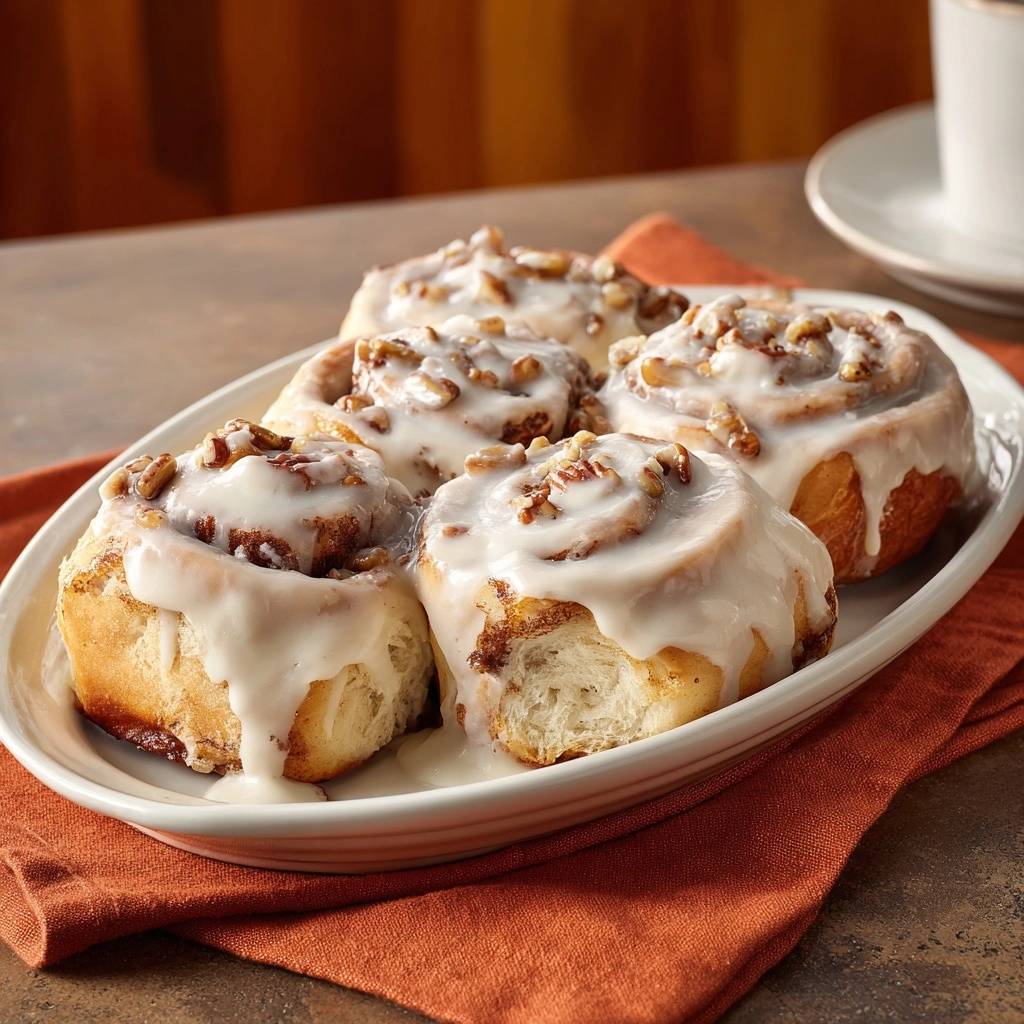 Glazed pecan cinnamon rolls shown in a close-up view revealing the soft interior texture.