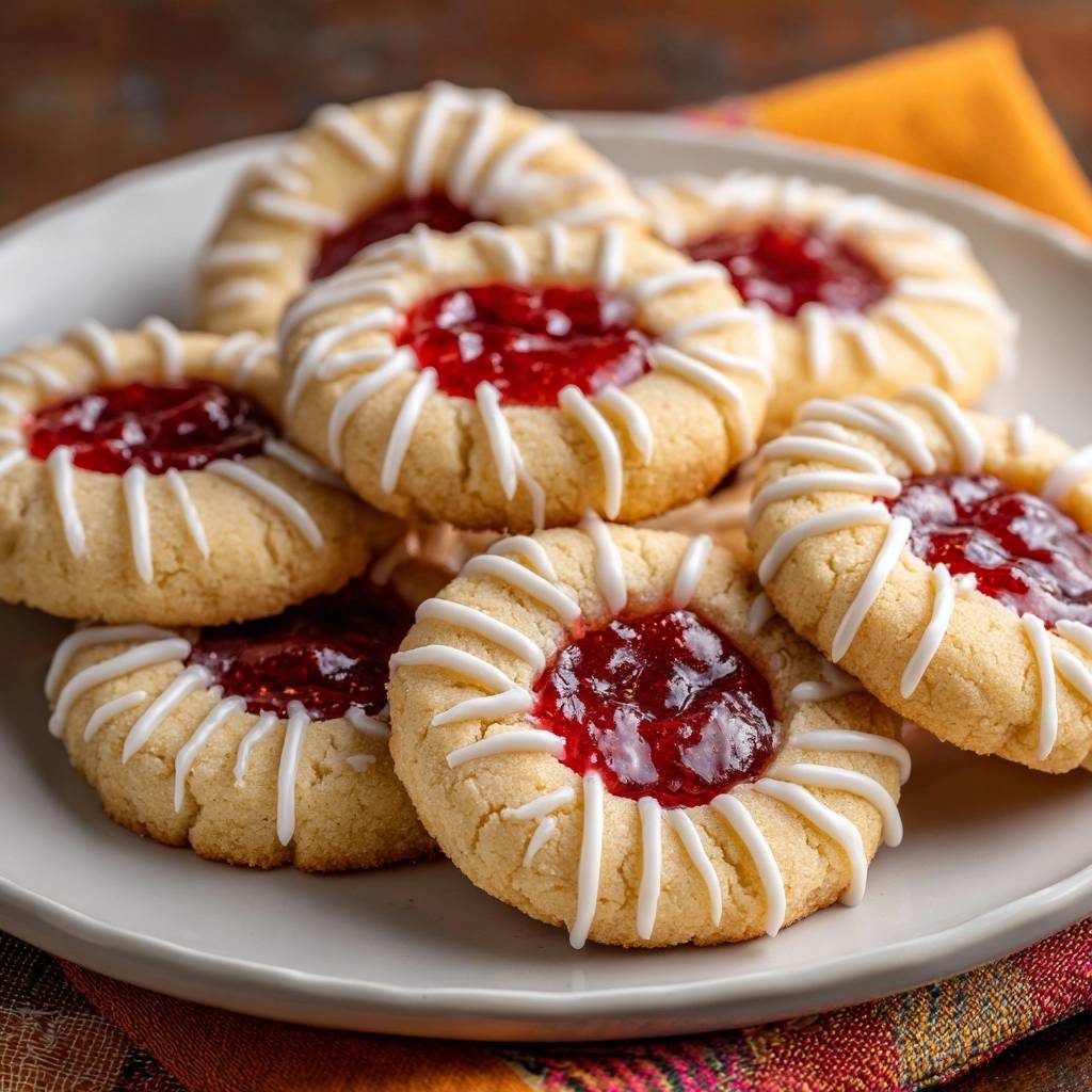 Glazed raspberry thumbprint cookies, a close-up view of several cookies arranged on a white plate.