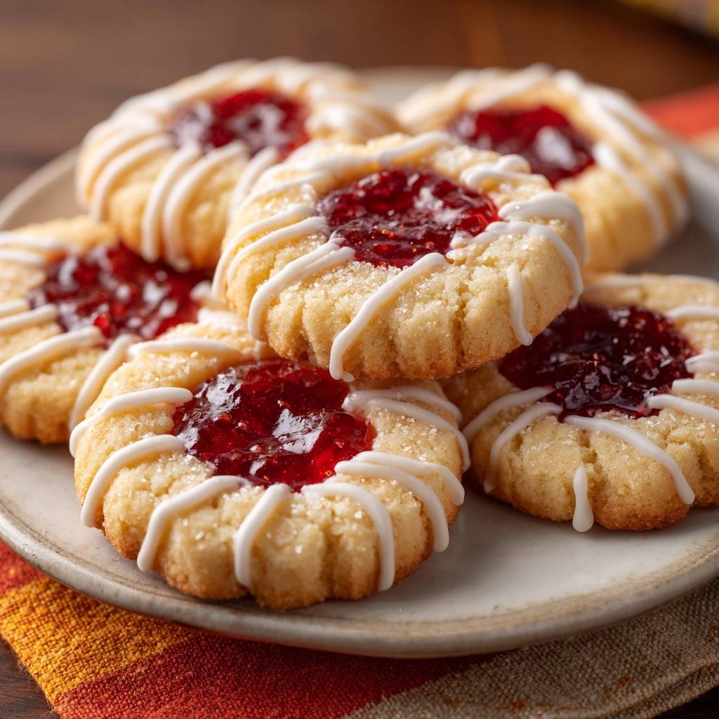 Glazed raspberry thumbprint cookies close-up on a plate, showcasing their bright red filling and white glaze drizzle.