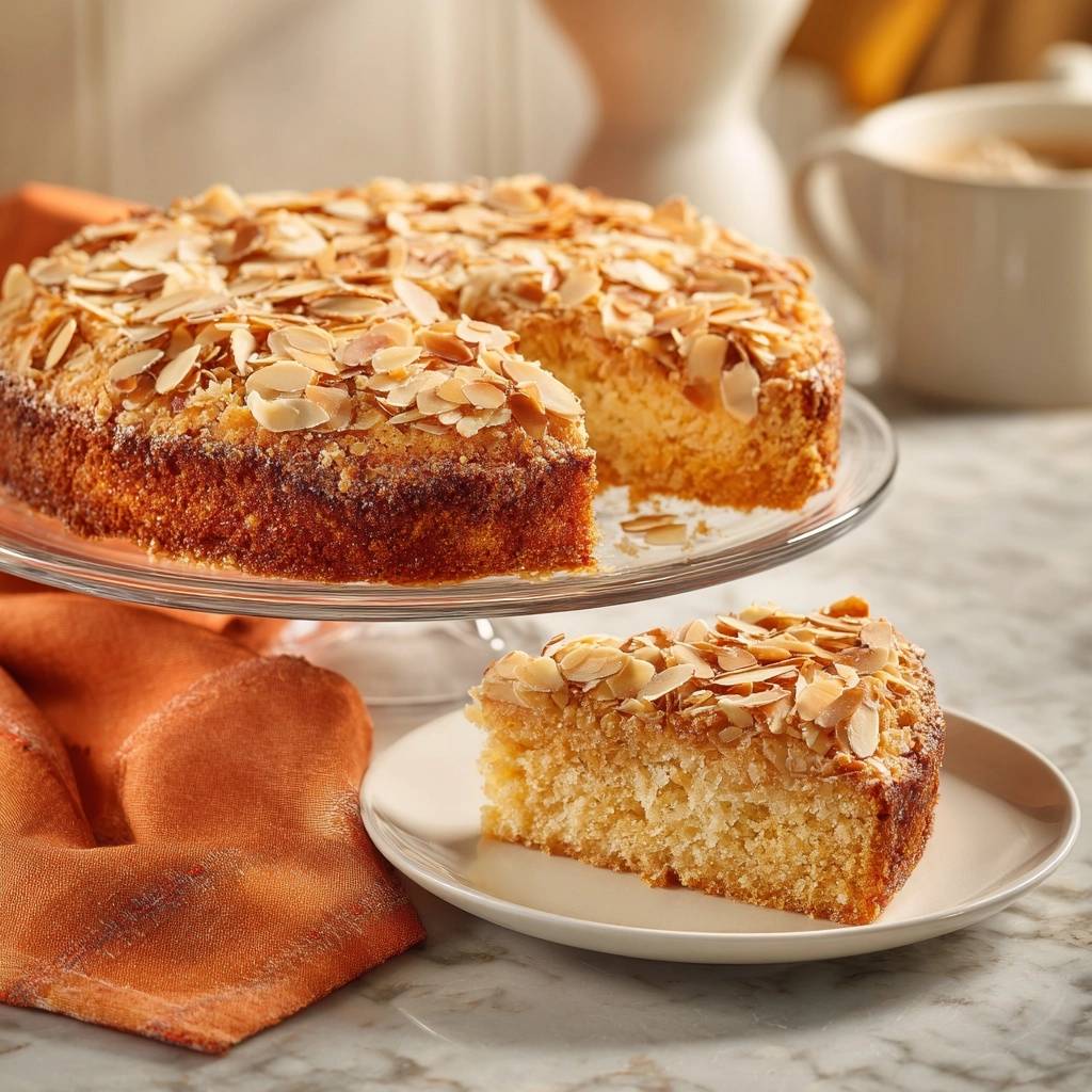 Glazed toasted almond cake shown from the side with a single slice on a plate, highlighting the crumb texture.