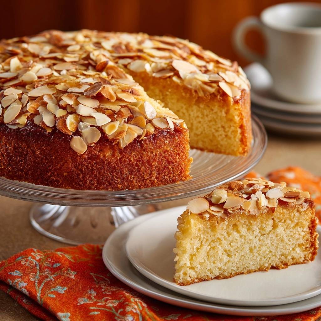 Glazed toasted almond cake, a slice revealing its tender interior and toasted almond topping.