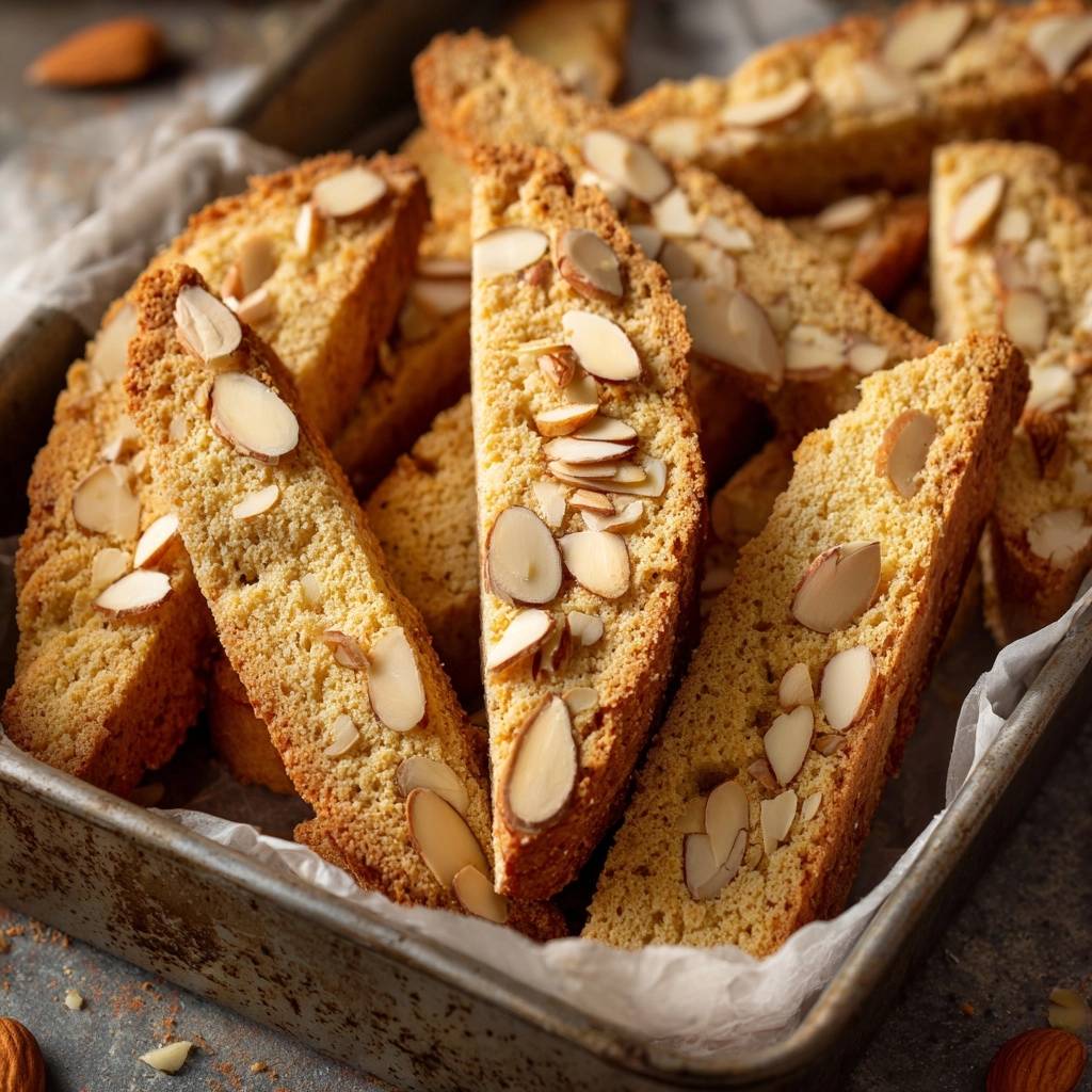 Golden almond biscotti are piled high in a rustic metal tray, showcasing their textured surface and scattered almond slices.