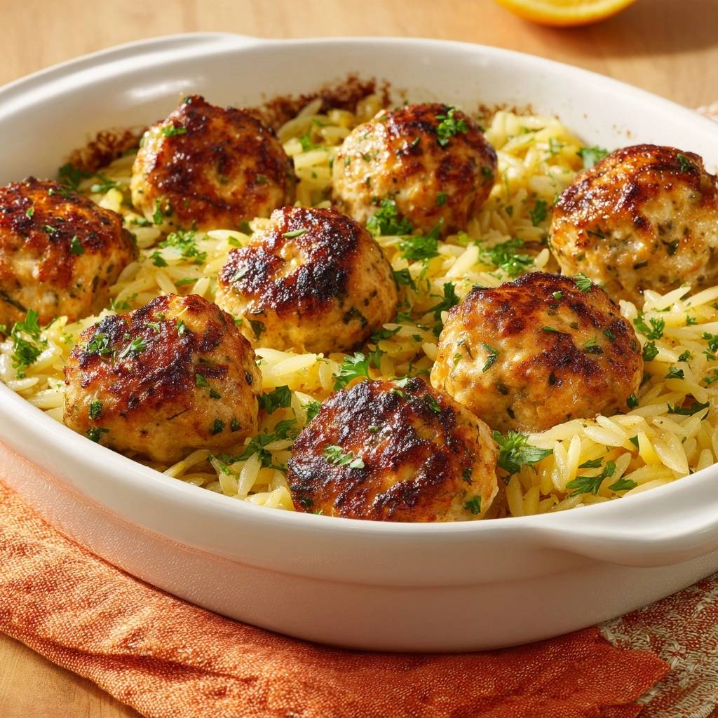 Golden baked meatballs and orzo dish shown in a close-up view within a white baking dish.