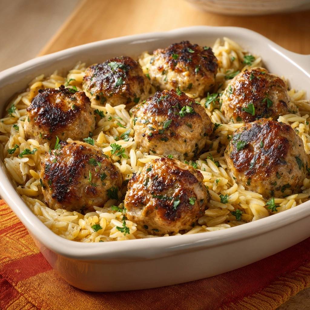 Golden baked meatballs and orzo in a white baking dish, viewed from the side, garnished with parsley.