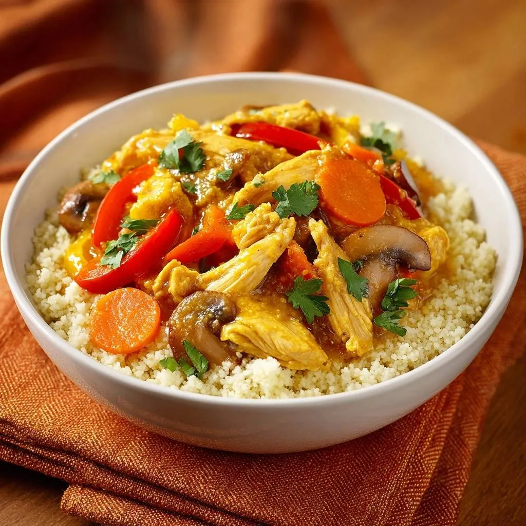 Golden chicken and vegetable couscous served in a white bowl, showcasing a detailed close-up of the colorful ingredients.