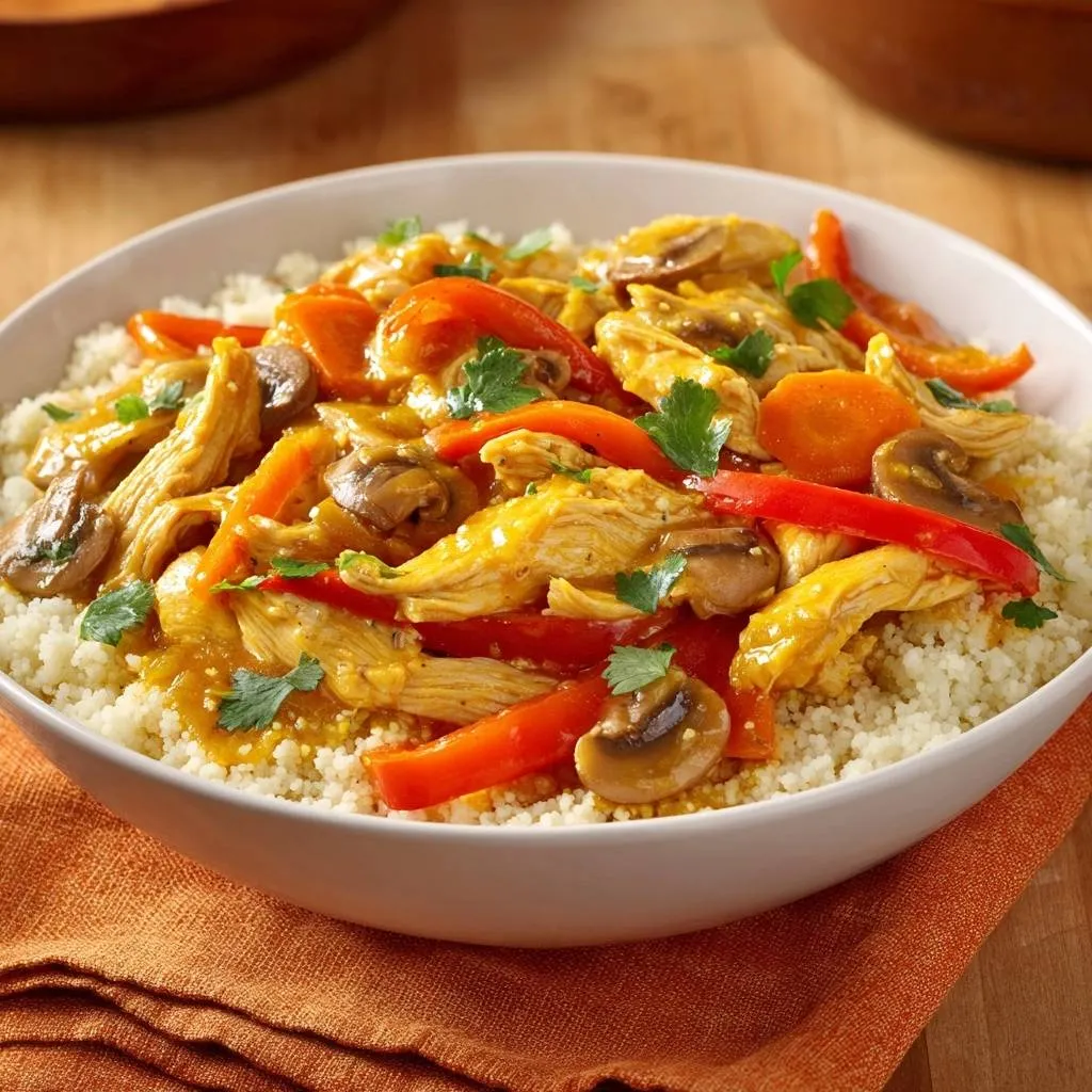 Golden chicken and vegetable couscous served in a white bowl, presented with a close-up view of the colorful ingredients.
