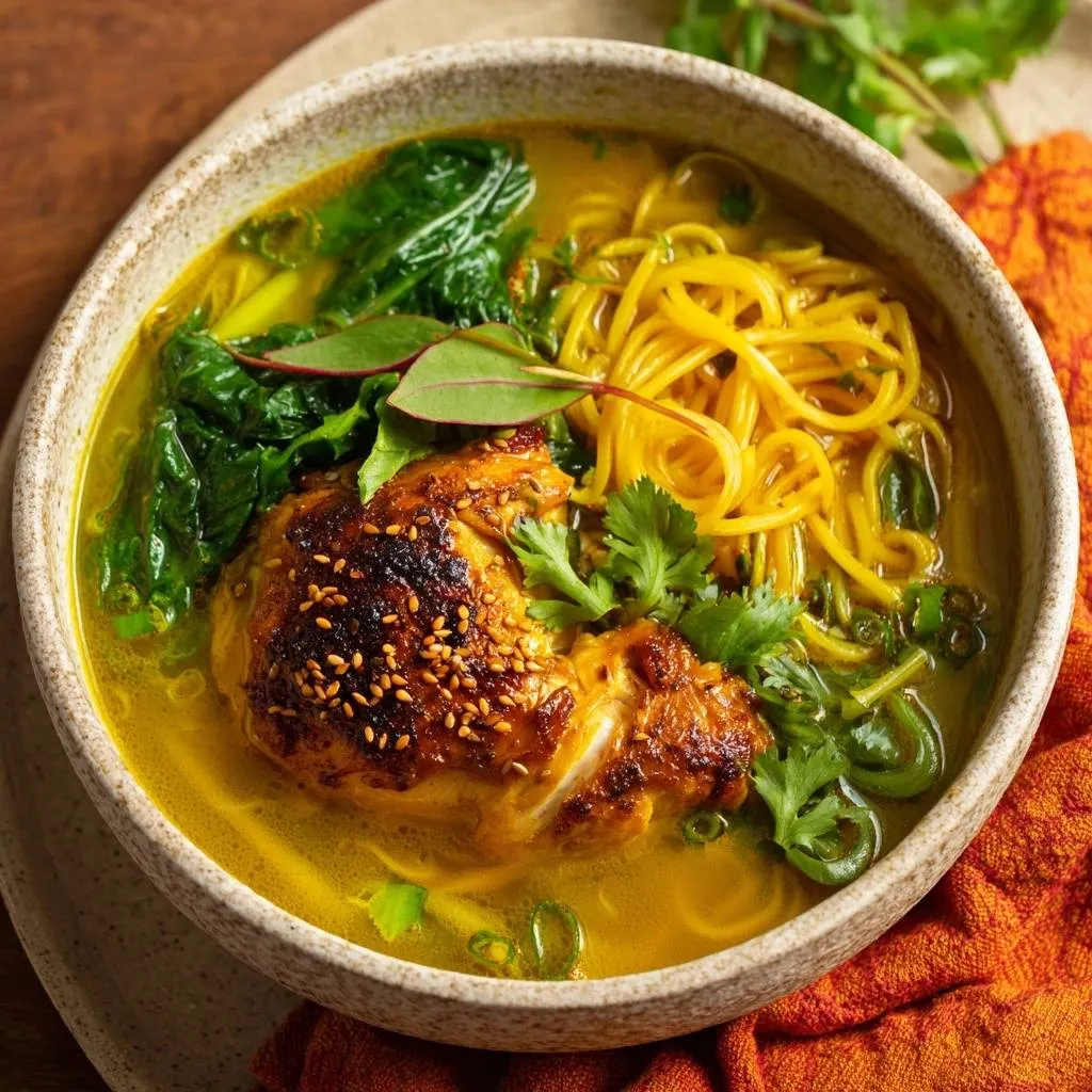 Golden Coconut Curry Noodle Soup with Crispy Skin featuring a piece of chicken and fresh cilantro garnish.