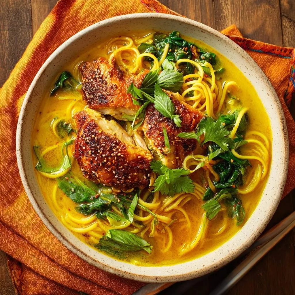 Golden coconut curry noodle soup with crispy skin chicken, served in a rustic bowl with fresh herbs.