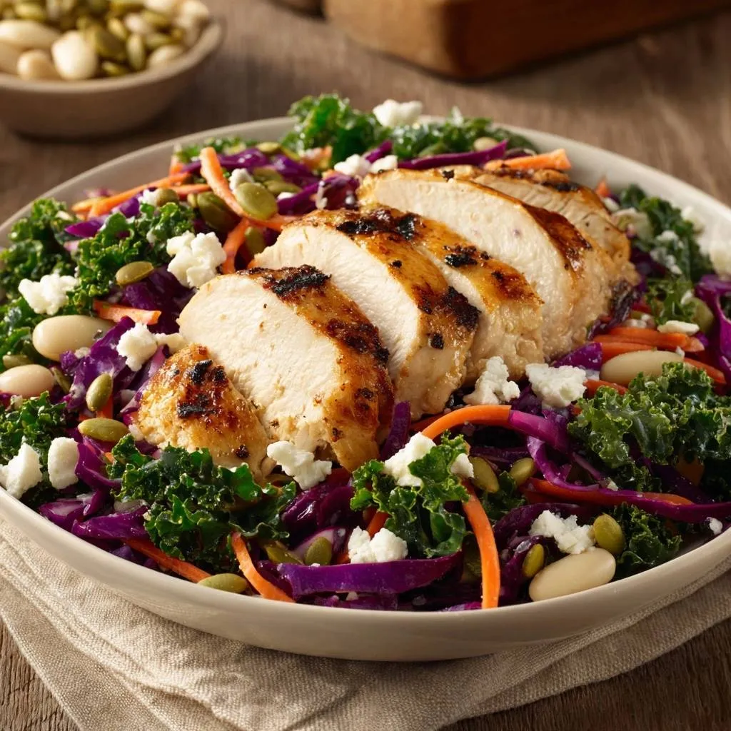 Grilled chicken kale and cabbage power salad featuring sliced chicken breast as a topping with crumbled feta cheese.