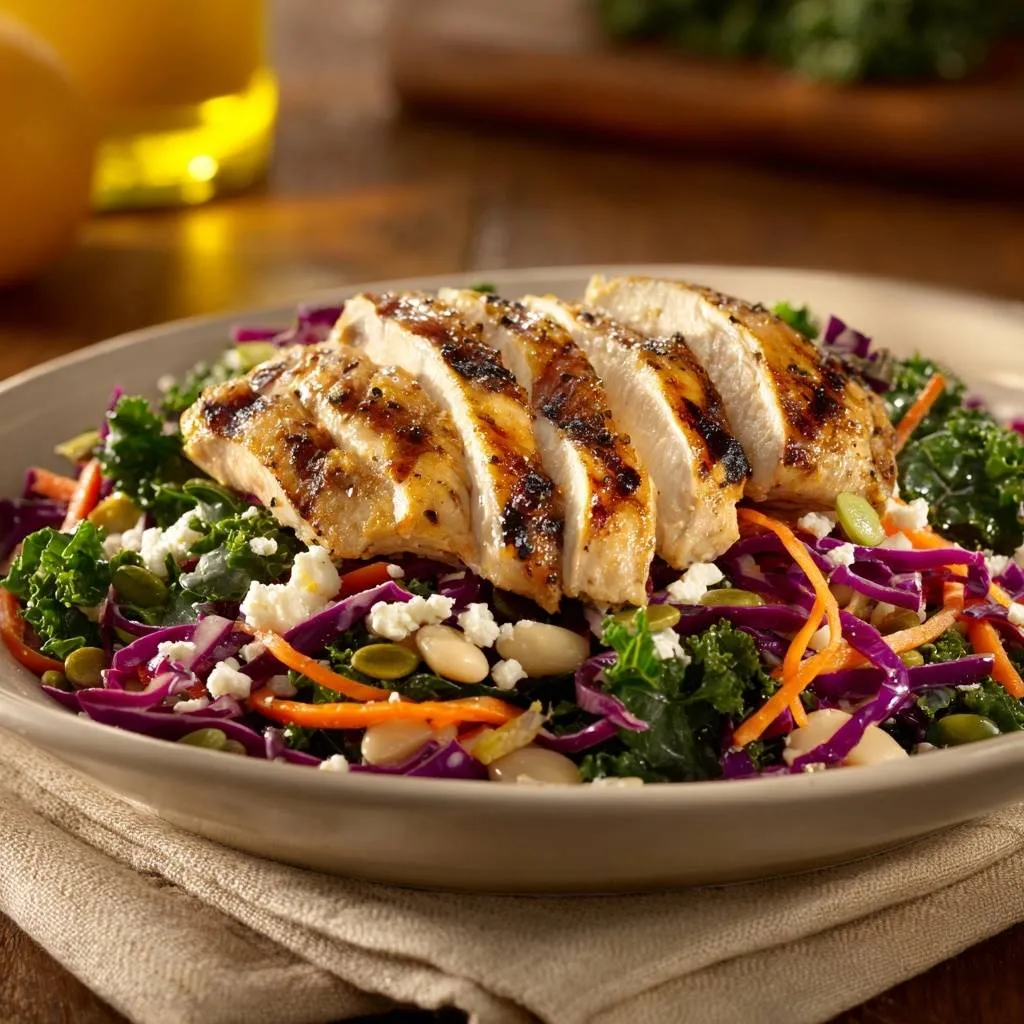 The Grilled Chicken Kale and Cabbage Power Salad features sliced grilled chicken breast atop a colorful mix of kale, red cabbage, carrots, and feta.