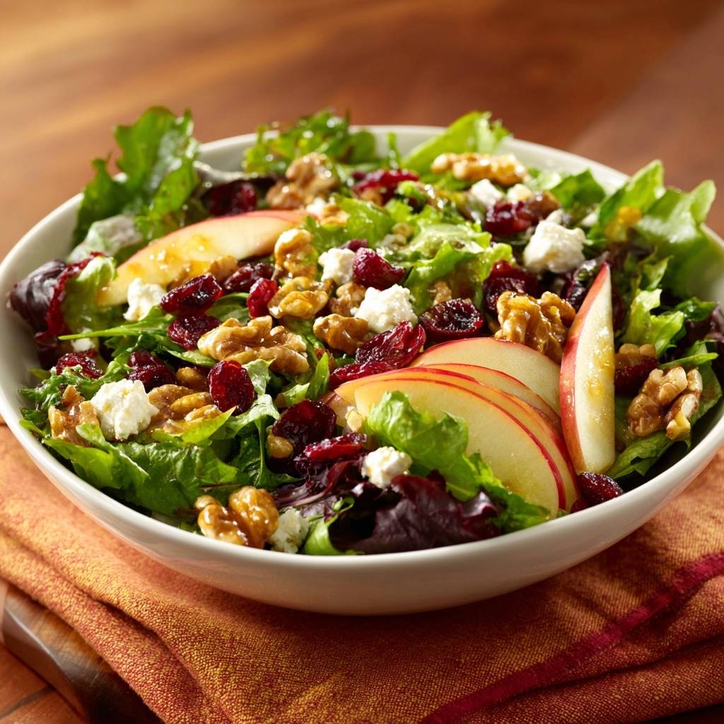 Harvest apple and walnut salad in a white bowl, featuring sliced apples, cranberries, walnuts, and feta cheese.