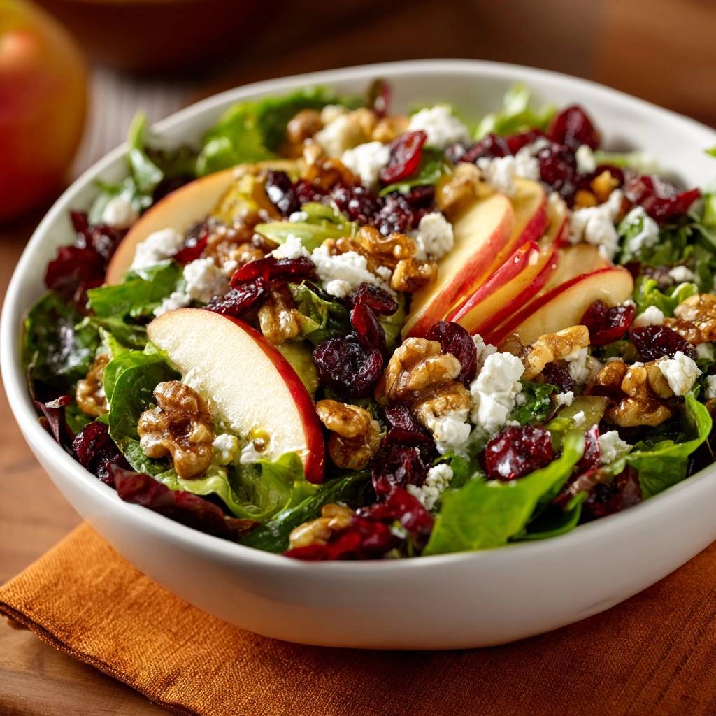 Harvest apple and walnut salad with cranberries and feta cheese served in a white bowl, close-up view.