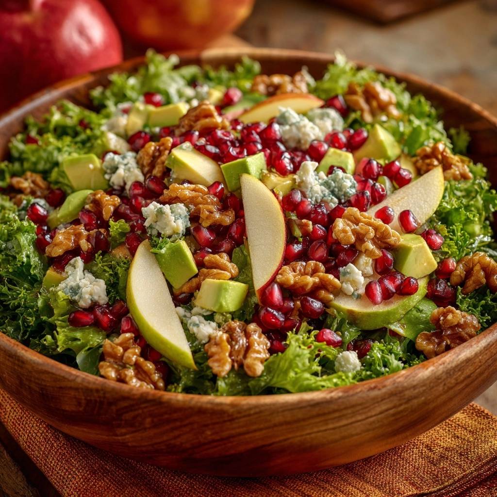 Harvest kale and apple salad with walnuts and pomegranate seeds in a wooden bowl, presented in a close-up view.