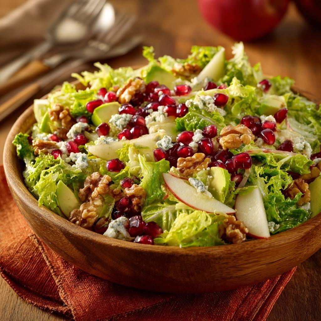 Harvest kale and apple salad with walnuts, blue cheese, and pomegranate seeds in a wooden bowl, a close-up view.