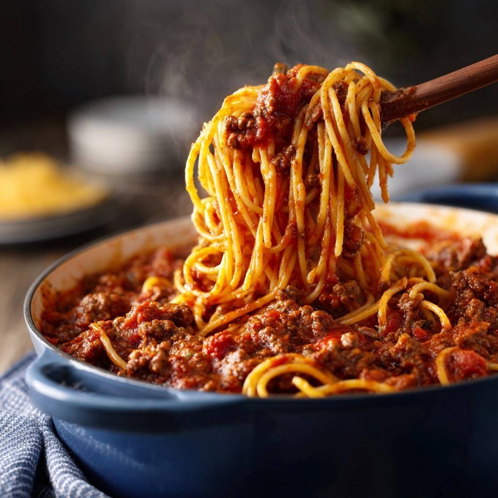 Hearty beef spaghetti being served from a blue pot, with steam rising from the freshly cooked pasta.