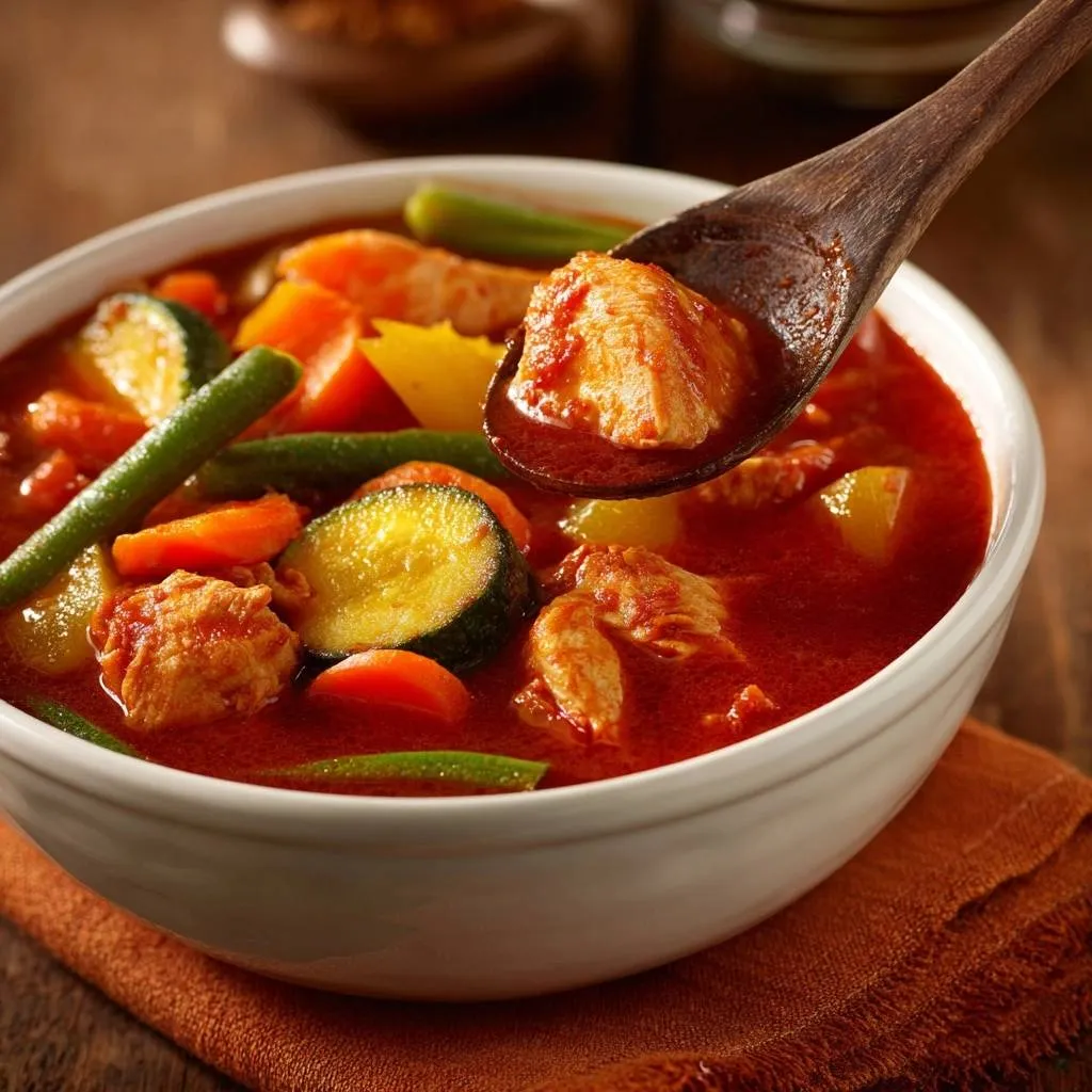 Hearty garden vegetable and chicken stew with a spoonful of chicken and vegetables being lifted from the bowl.