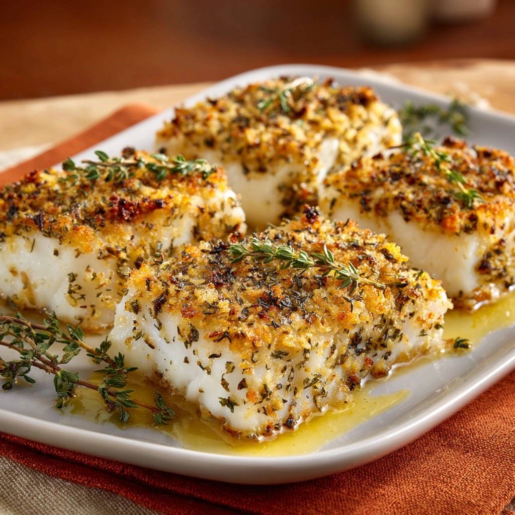 Herb crusted baked cod plated with fresh thyme and glistening butter, showing a close-up view of the topping.
