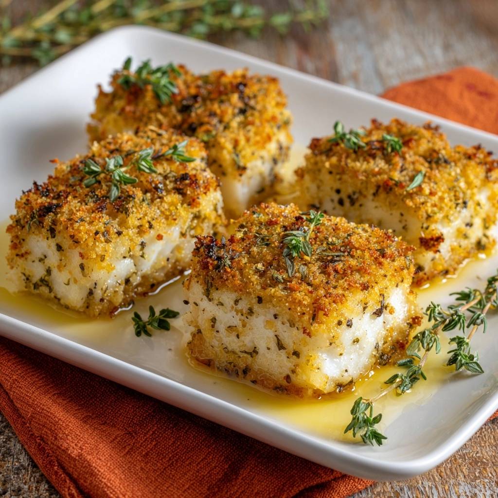 Herb crusted baked cod served on a white platter with fresh thyme sprigs, four pieces visible.
