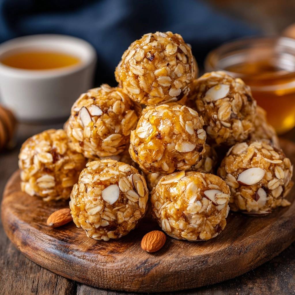 Honey almond oat energy bites stacked closely on a wooden board with almonds and honey in the background.