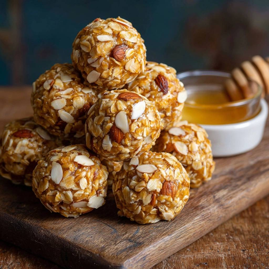Honey almond oat energy bites are stacked closely, showcasing their textured exterior and visible almond slivers.