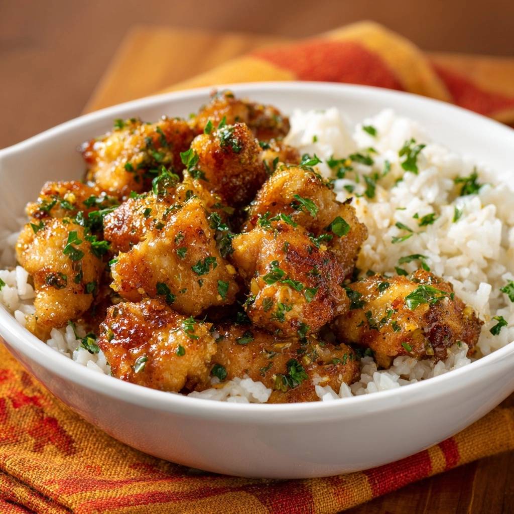Crispy honey garlic chicken bites served in a white bowl over fluffy white rice, garnished with fresh parsley.