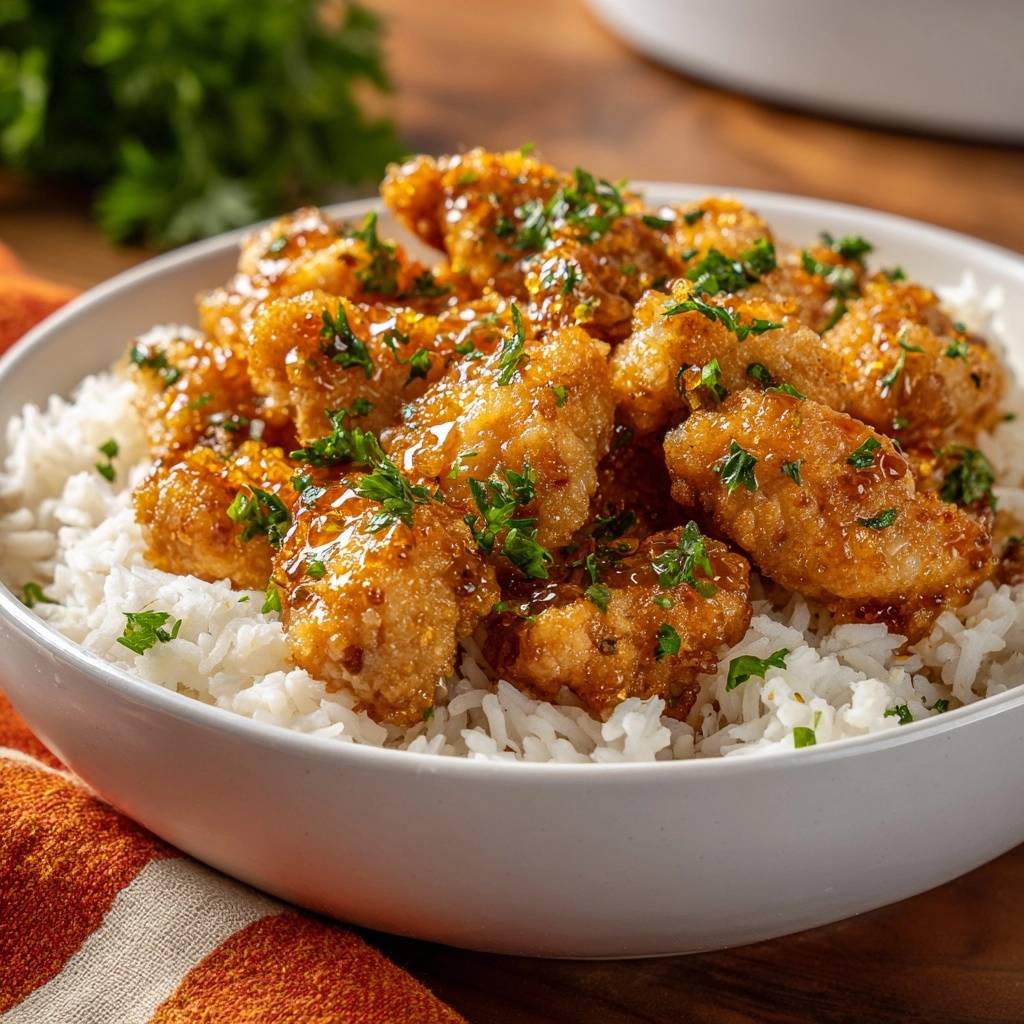 Crispy honey garlic chicken bites served over white rice in a bowl, garnished with fresh parsley