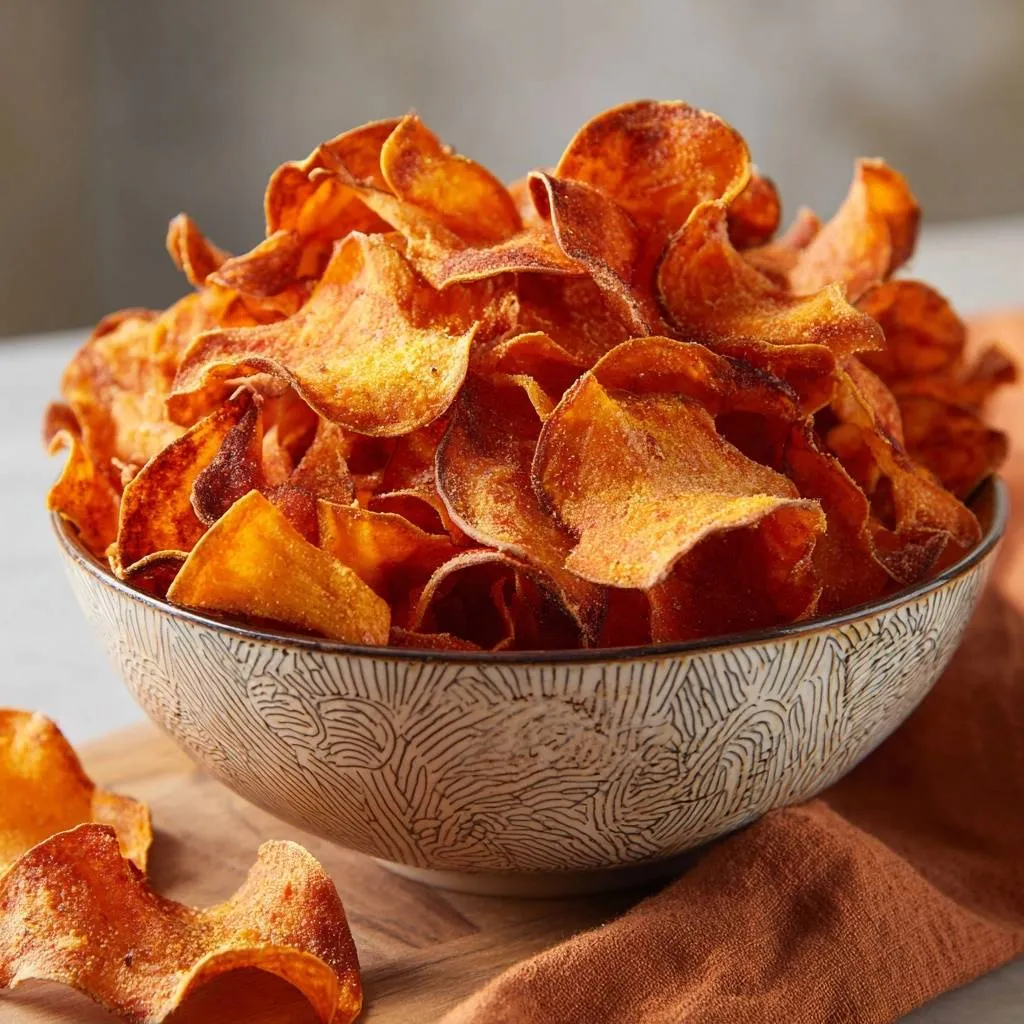Kettle-style sweet potato chips piled high in a decorative bowl, showcasing their vibrant orange color and wavy texture.