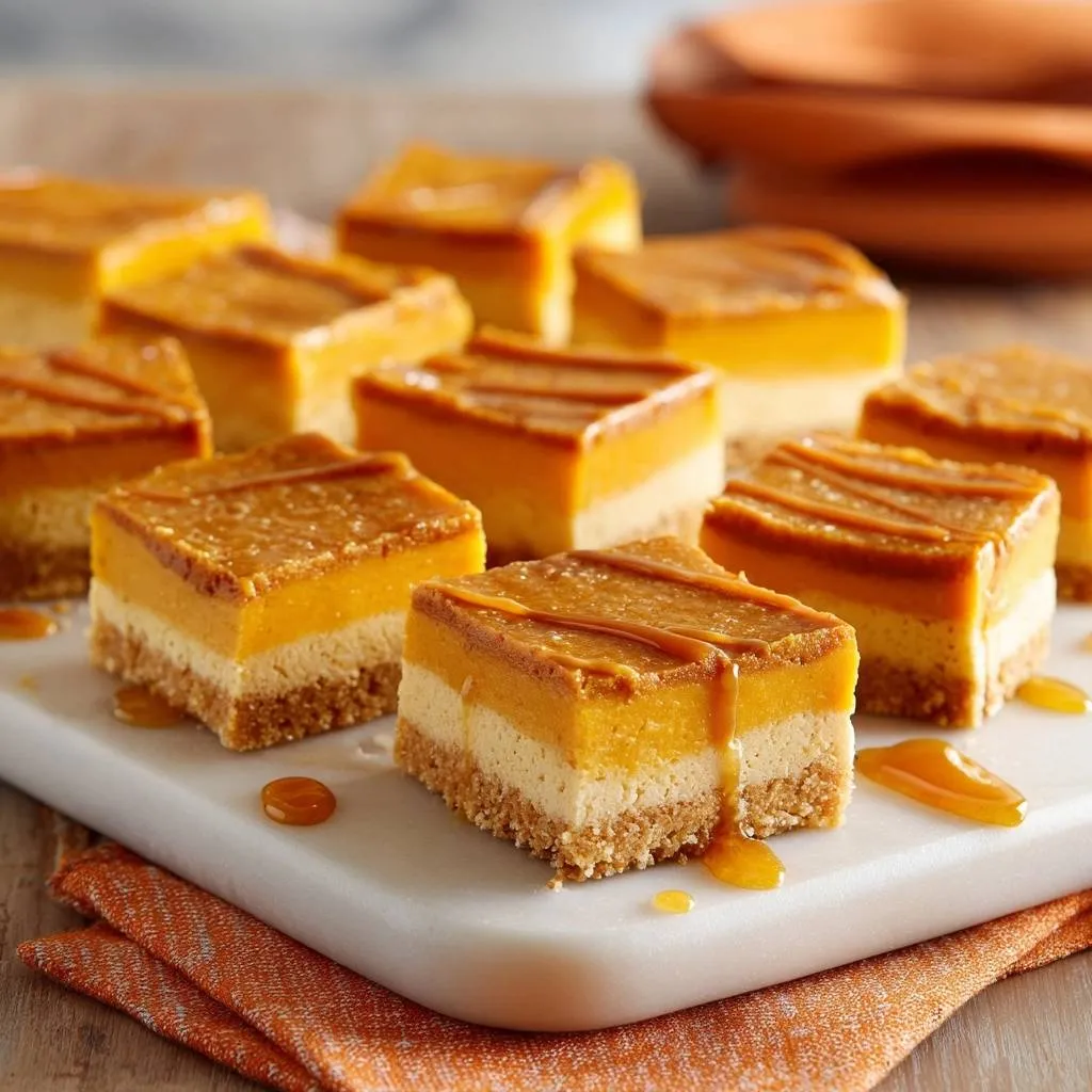 Layered pumpkin cheesecake bars with a crisp crust are artfully drizzled with caramel sauce in this close-up view.