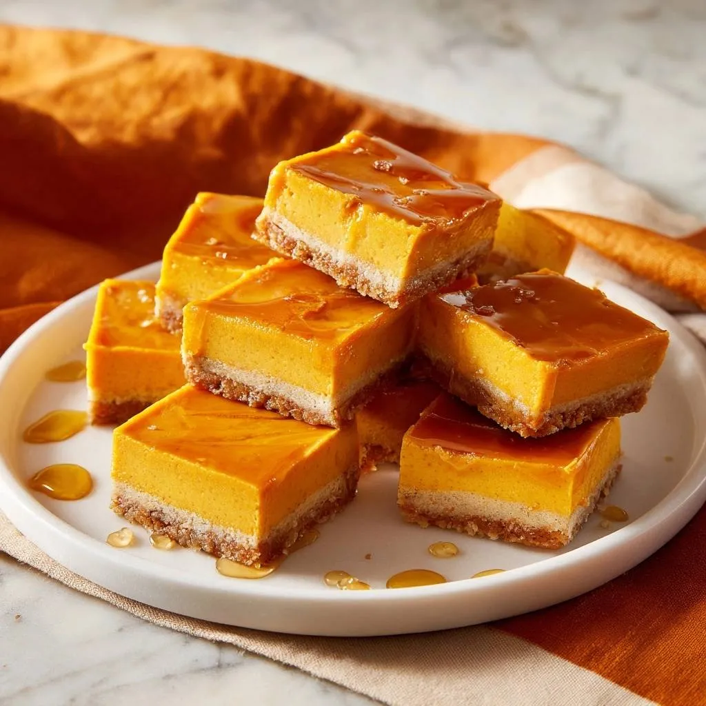 Layered pumpkin cheesecake bars with a crisp crust are stacked on a white plate, drizzled with a shiny caramel glaze.
