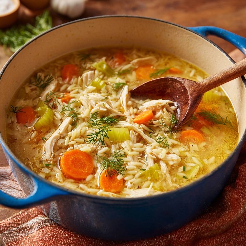 Lemon chicken orzo soup close-up in a blue pot with a wooden spoon, showcasing orzo pasta, chicken, and carrots.