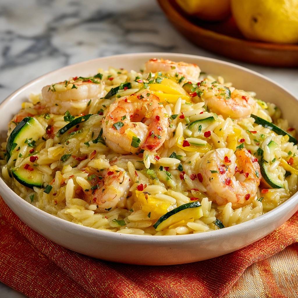 Lemon garlic shrimp and zucchini orzo in a bowl, with a close-up view of the textures and ingredients.