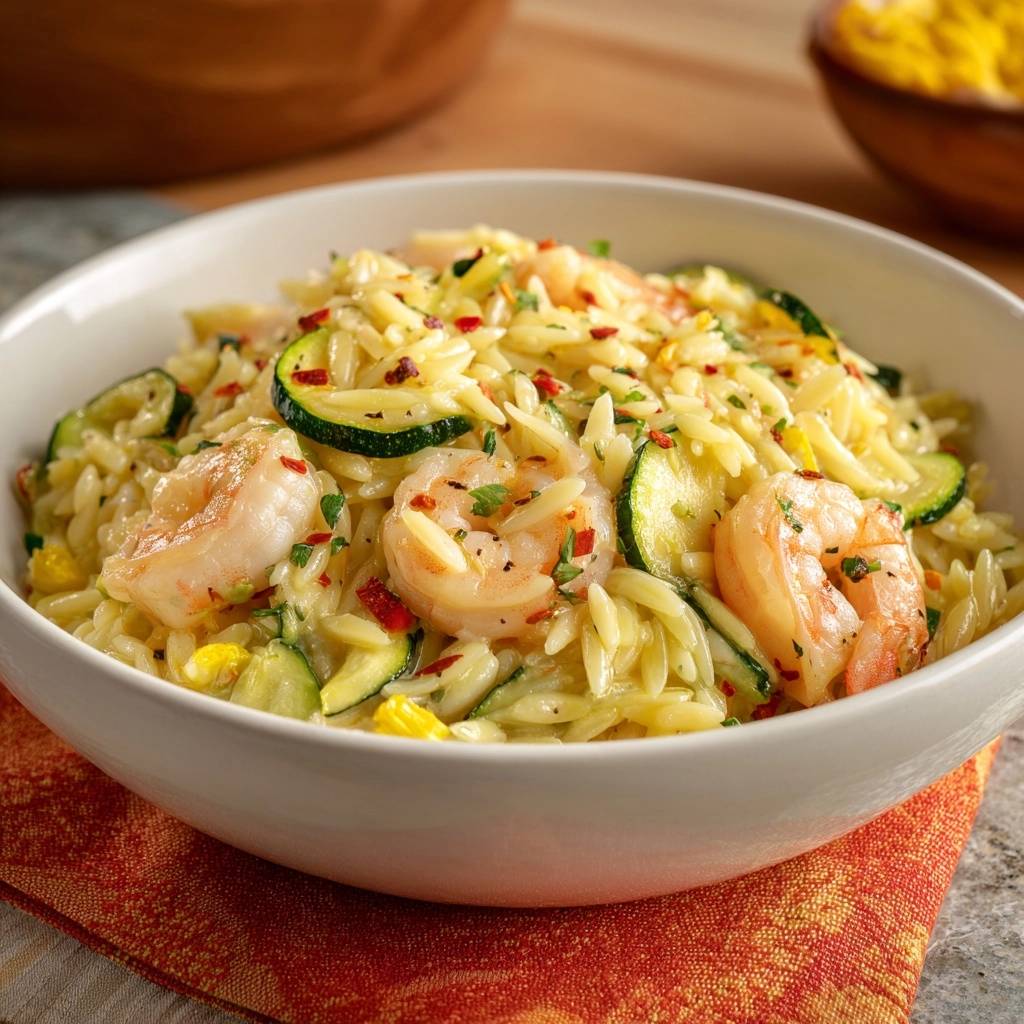 Lemon garlic shrimp and zucchini orzo served in a white bowl with a close-up view of the pasta and ingredients.
