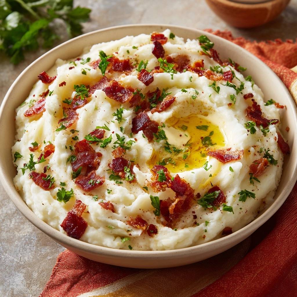 Loaded garlic mashed potatoes with bacon and parsley garnish, topped with melting butter in a bowl.