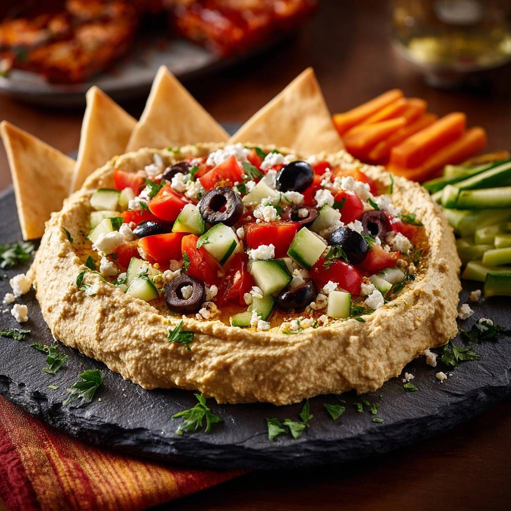 Loaded Mediterranean Hummus Platter topped with fresh tomatoes, cucumbers, olives, and feta, with pita bread.