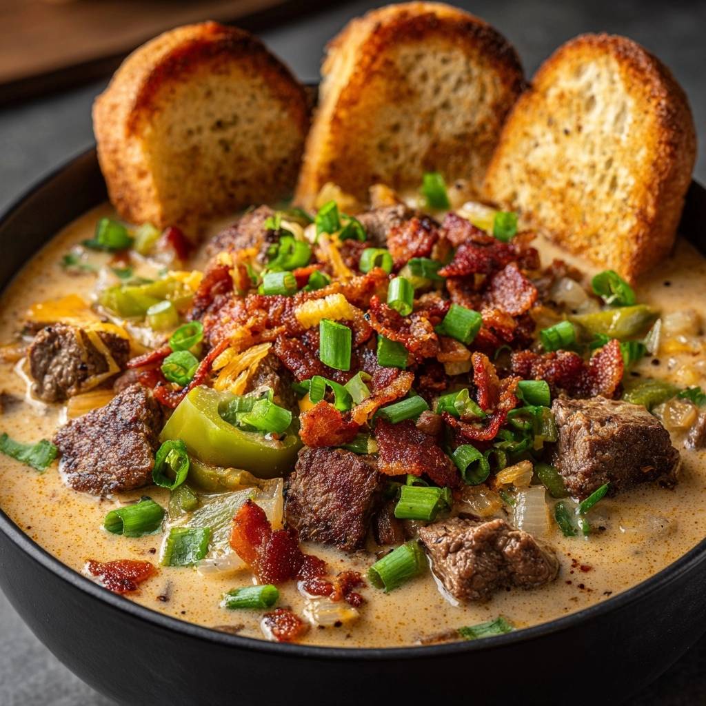 Loaded Philly Cheesesteak Soup served in a black bowl, generously garnished with crispy bacon, green onions, and accompanied by toasted bread slices.