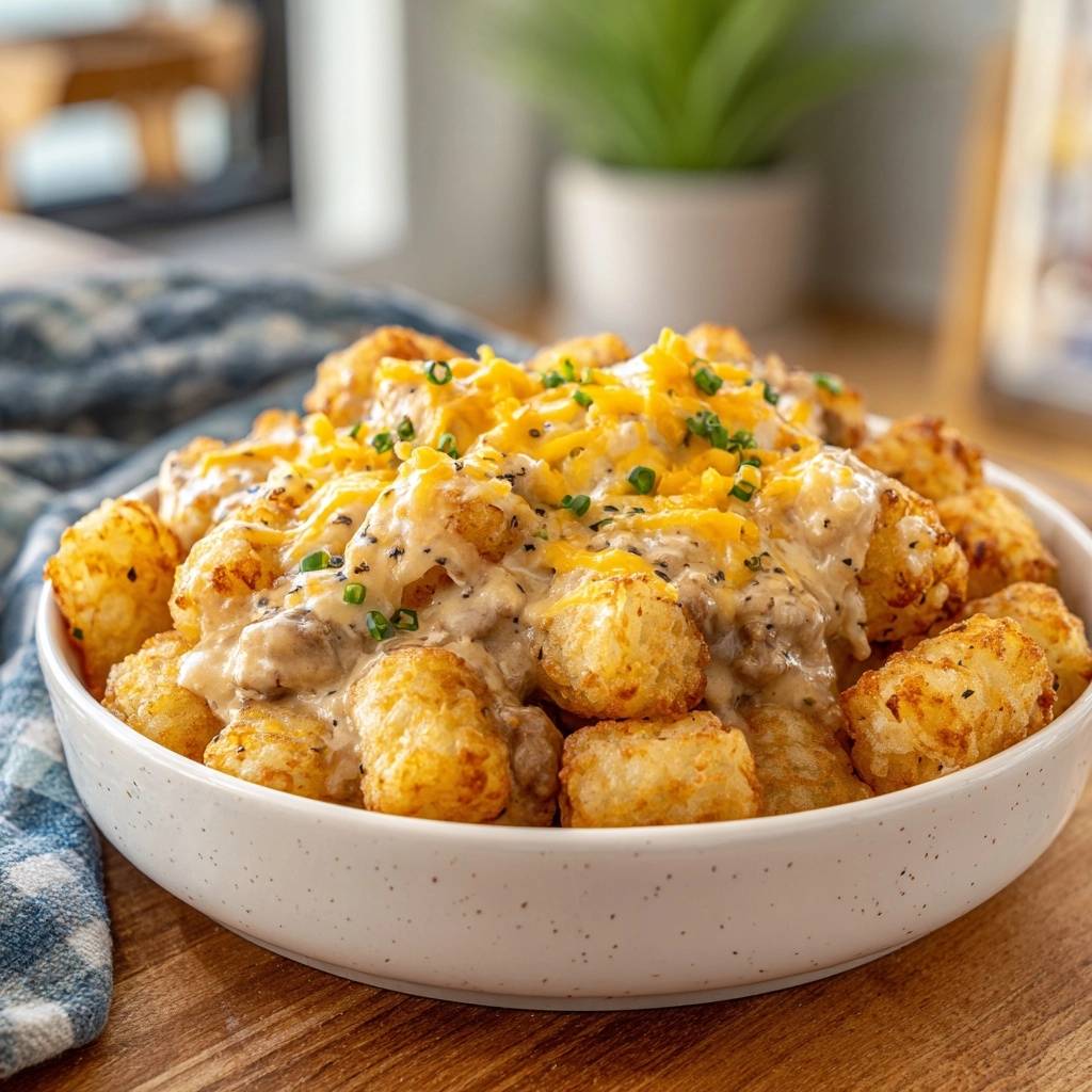 Loaded sausage gravy tater tot bowl shown in a white bowl, topped with cheese and chives.