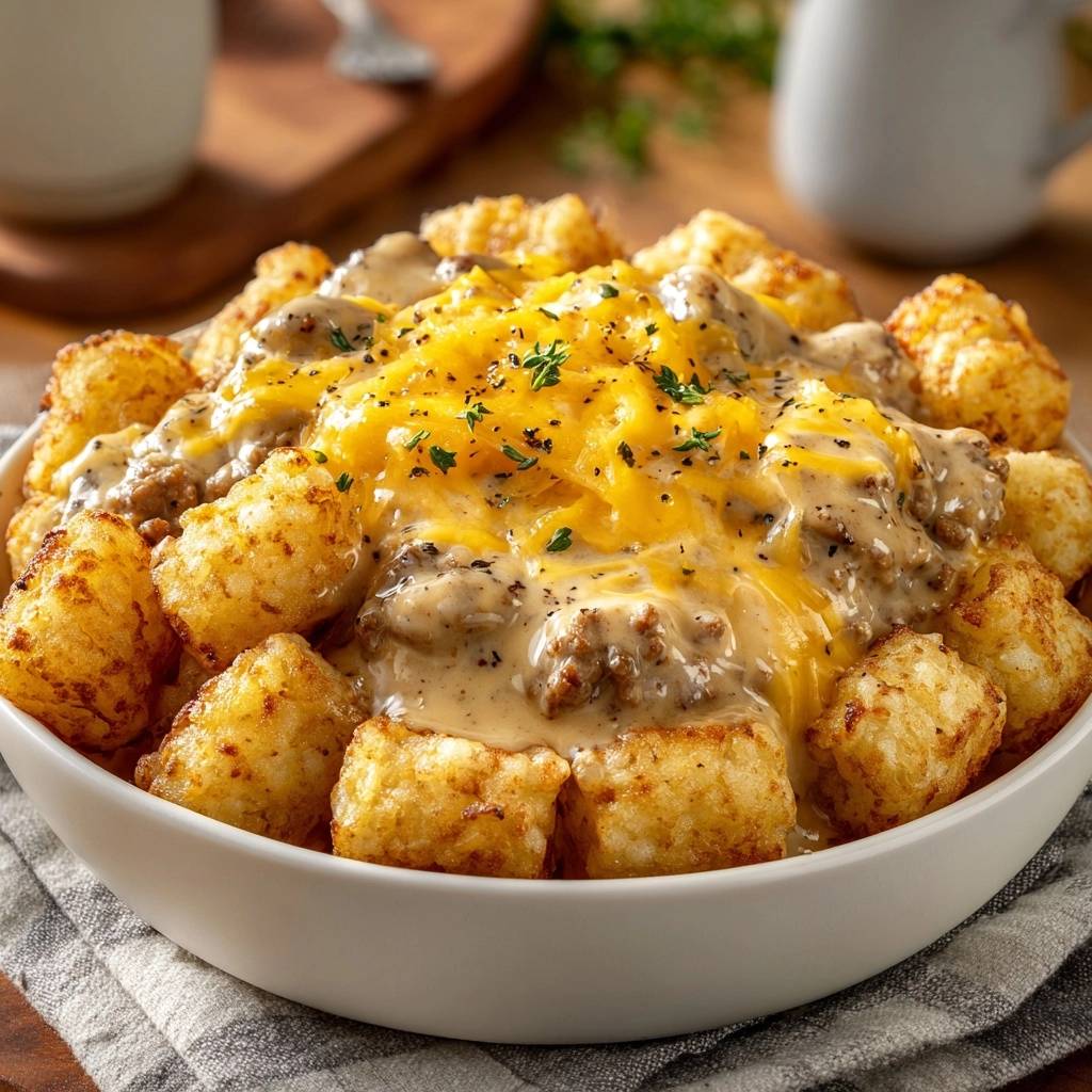 Loaded sausage gravy tater tot bowl, a close-up view of the cheesy, saucy topping over golden tater tots.