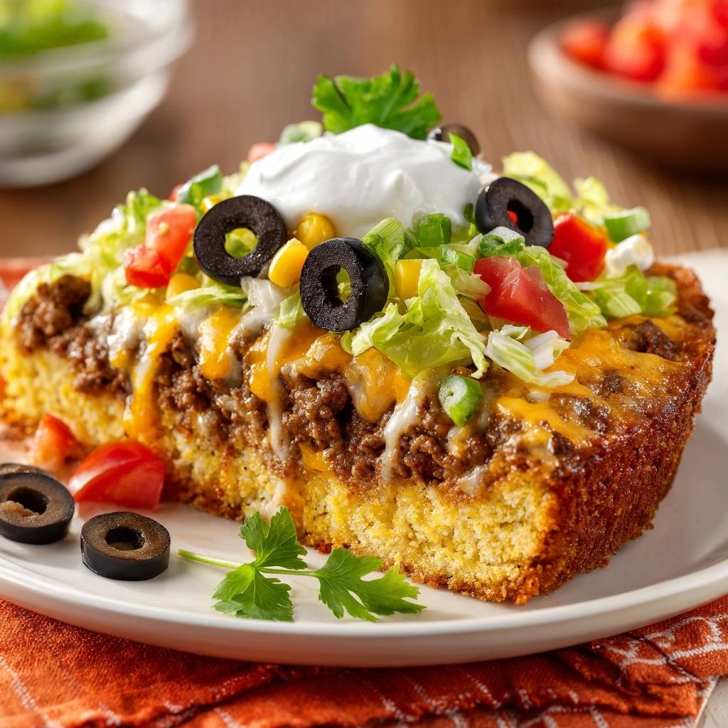 Loaded taco cornbread bake slice plated with sour cream, lettuce, tomatoes, and olives on a white plate.