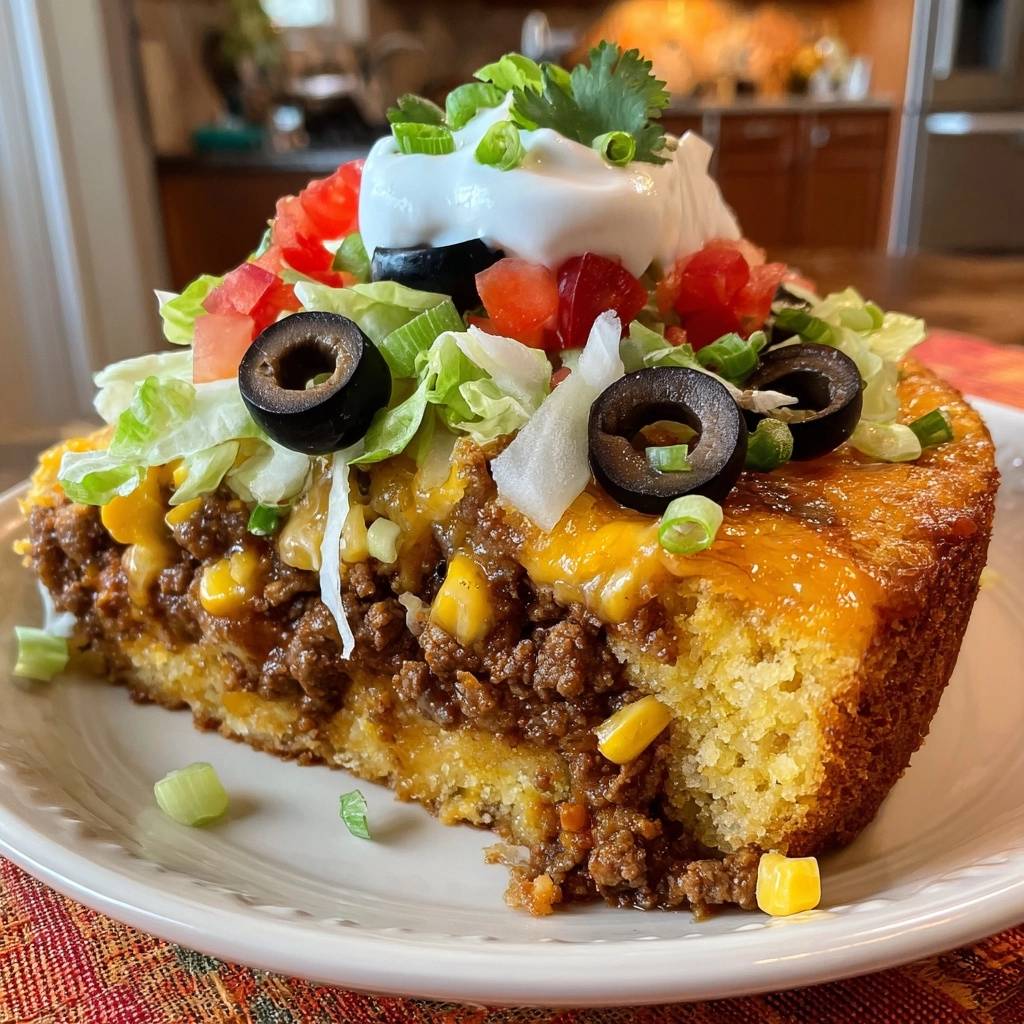 Loaded taco cornbread bake slice topped with sour cream, lettuce, tomatoes, olives, and green onions.