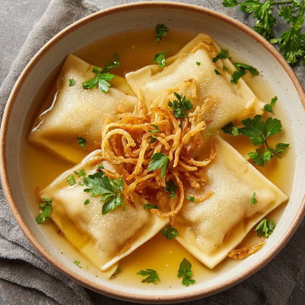 Savory Maultaschen in clear broth, topped with crispy fried onions and fresh parsley garnish.