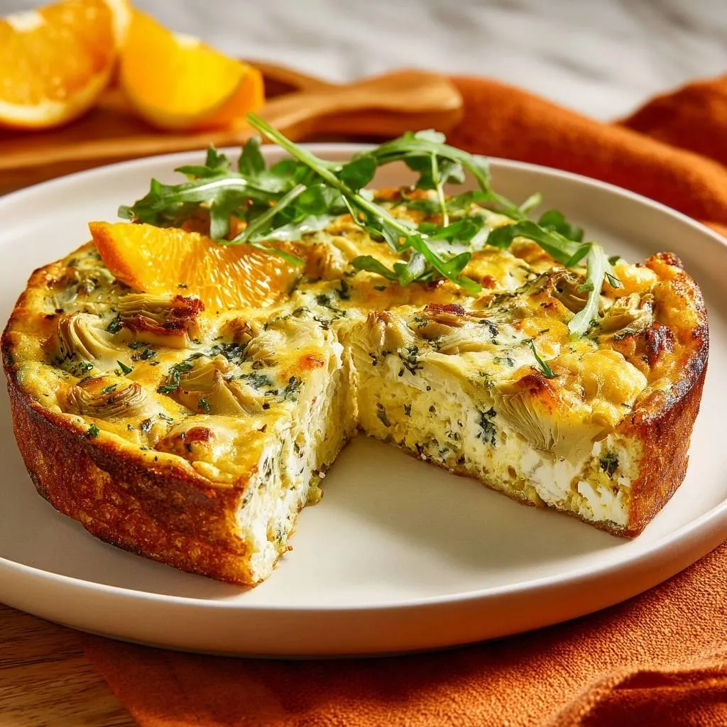 Mediterranean artichoke frittata cross-section slice showcasing tender artichoke hearts and creamy egg filling.