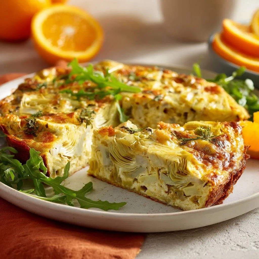 Mediterranean artichoke frittata shown in a close-up cross-section, revealing layers of artichoke hearts and fluffy egg.