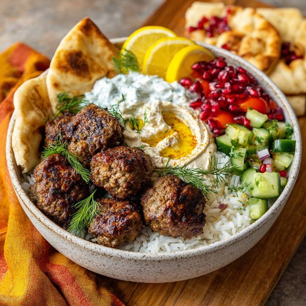 Mediterranean beef meatball bowl with hummus, tzatziki, rice, pita, and fresh garnishes, a close-up detail.
