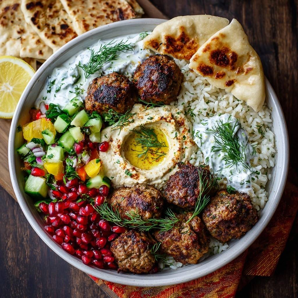 Mastering Mediterranean Beef Meatball Bowls with the Panade Method shown in a vibrant overhead bowl presentation.
