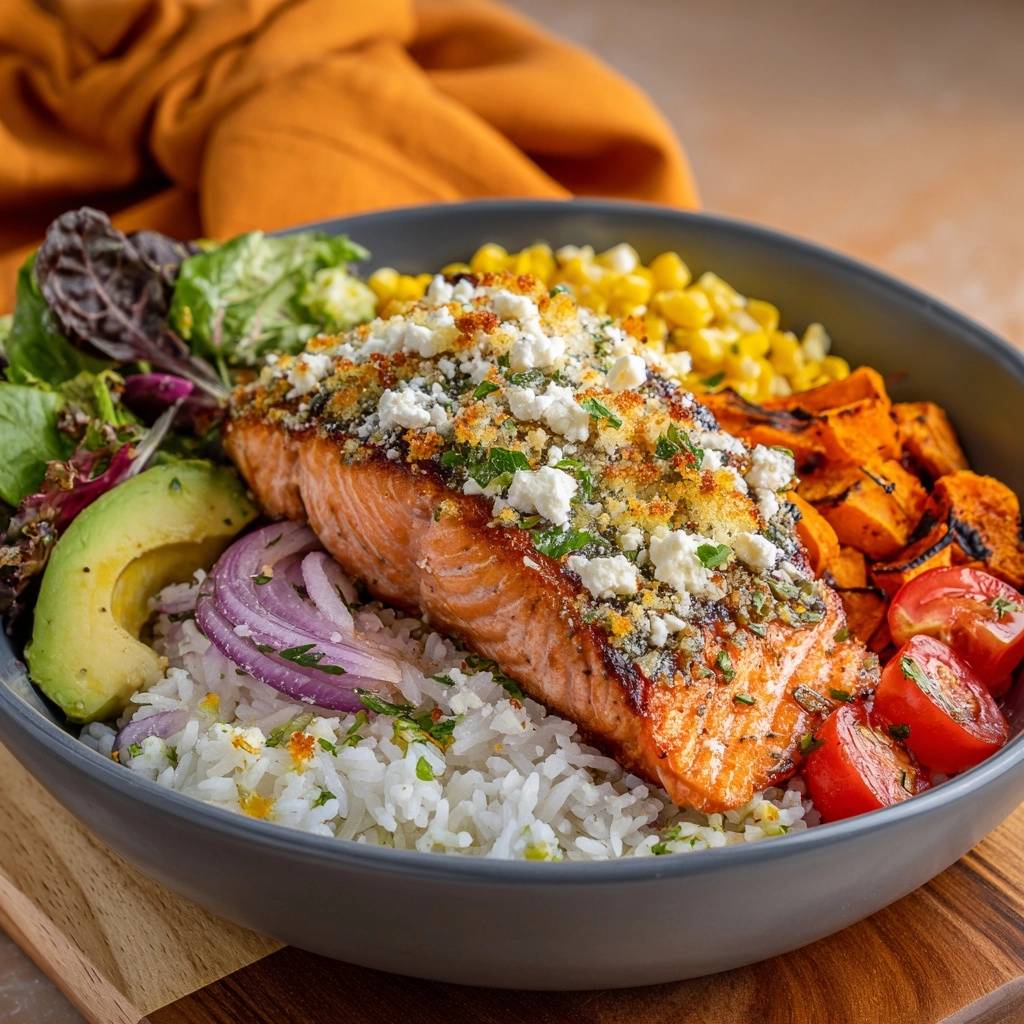 Mediterranean salmon power bowl with a shatter-proof crust, featuring a close-up of the seasoned topping and flaked salmon.