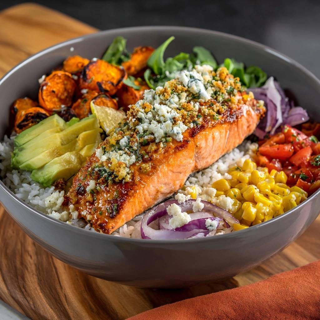 Mediterranean salmon power bowl with a shatter-proof crust, featuring a close-up of the blue cheese and breadcrumb topping.