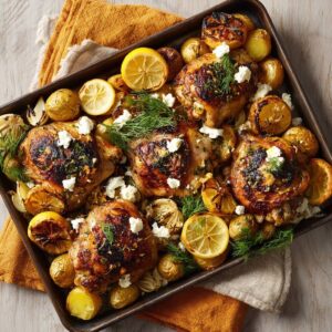 Mediterranean sheet pan chicken and potatoes overhead with crumbled feta cheese, roasted lemon slices, and fresh dill garnish.