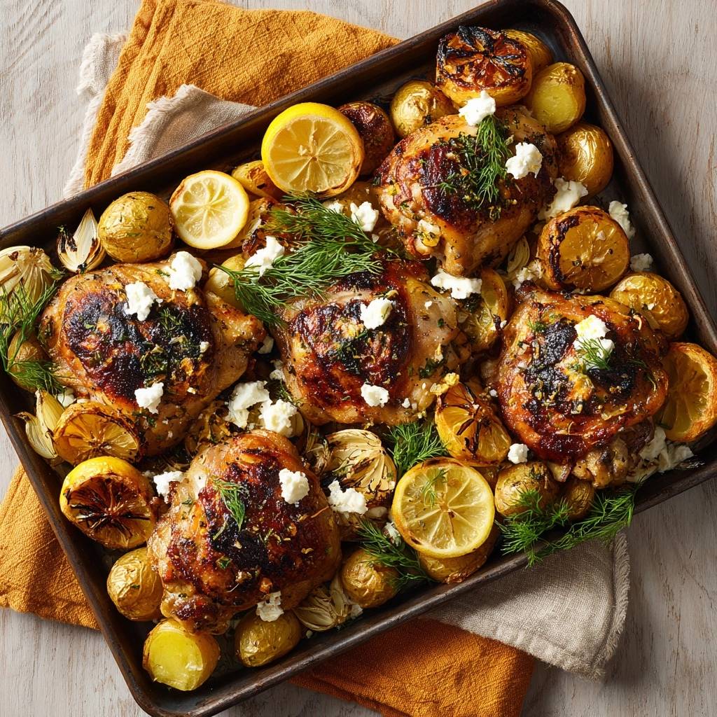 Mediterranean sheet pan chicken and potatoes overhead with crumbled feta cheese, roasted lemon slices, and fresh dill garnish.