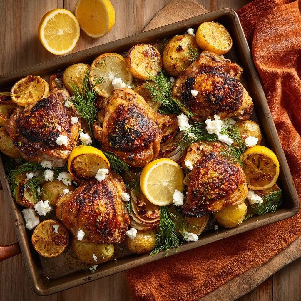 Mediterranean sheet pan chicken and potatoes with lemons and feta, shown from an overhead detailed view.
